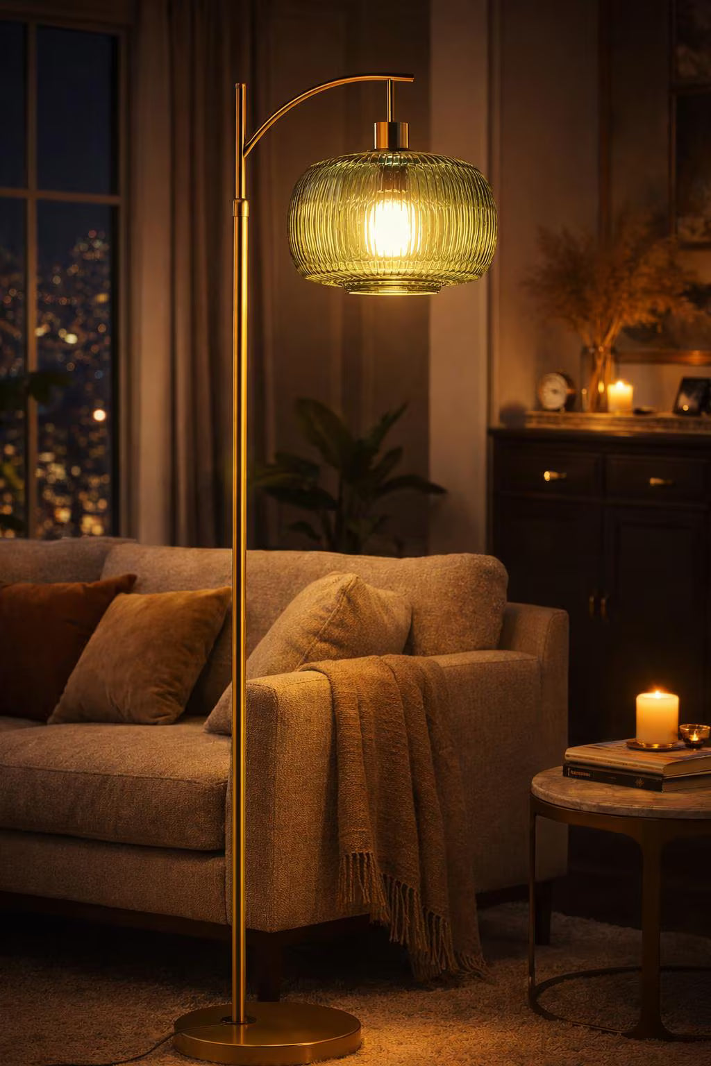 The Verdeluxe Arched Floor Lamp - Emerald Glass & Brass