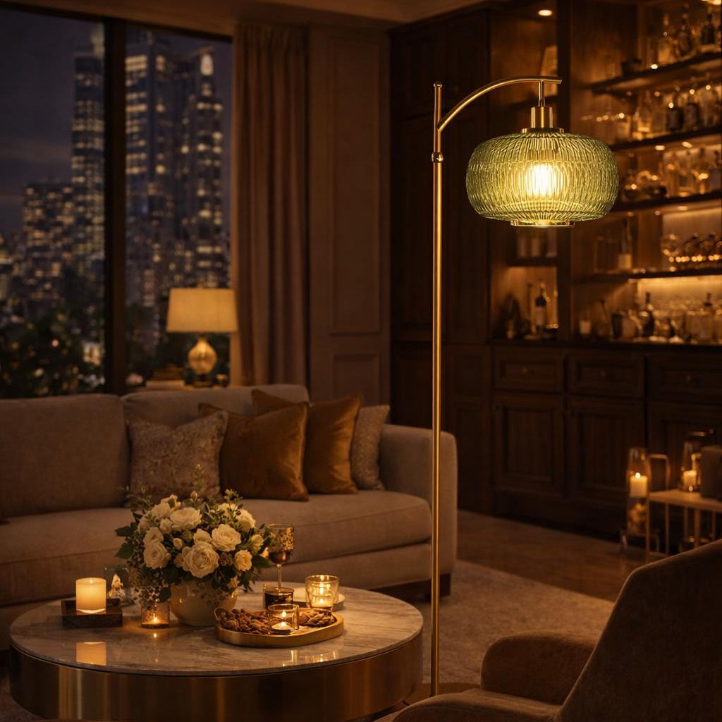 The Verdeluxe Arched Floor Lamp - Emerald Glass & Brass