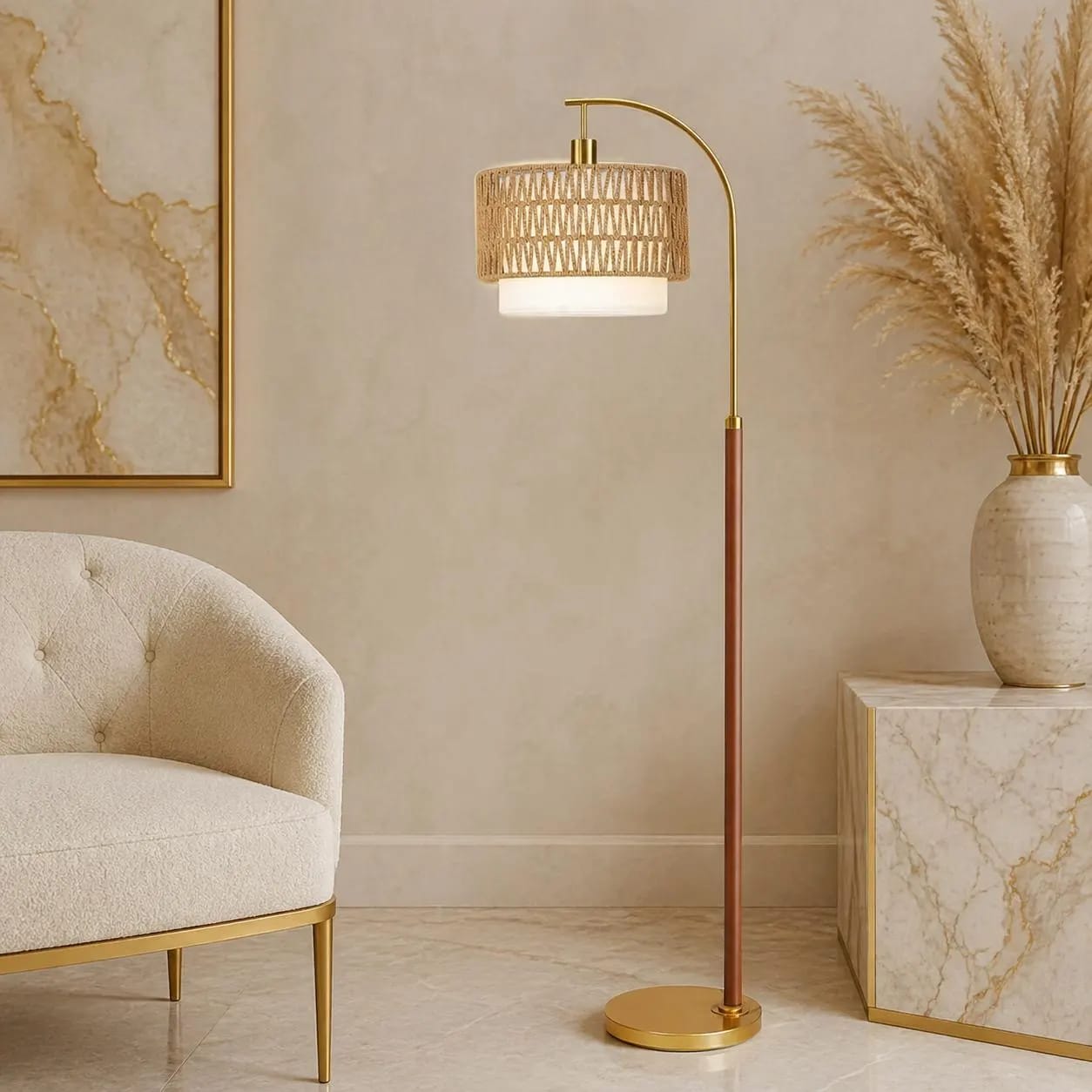 LumeVellum Woven Rattan Floor Lamp