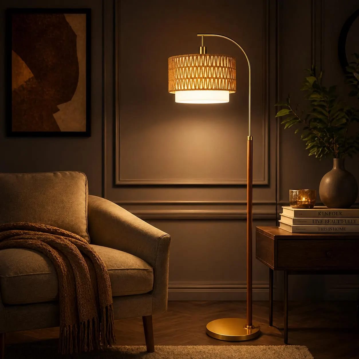 LumeVellum Woven Rattan Floor Lamp