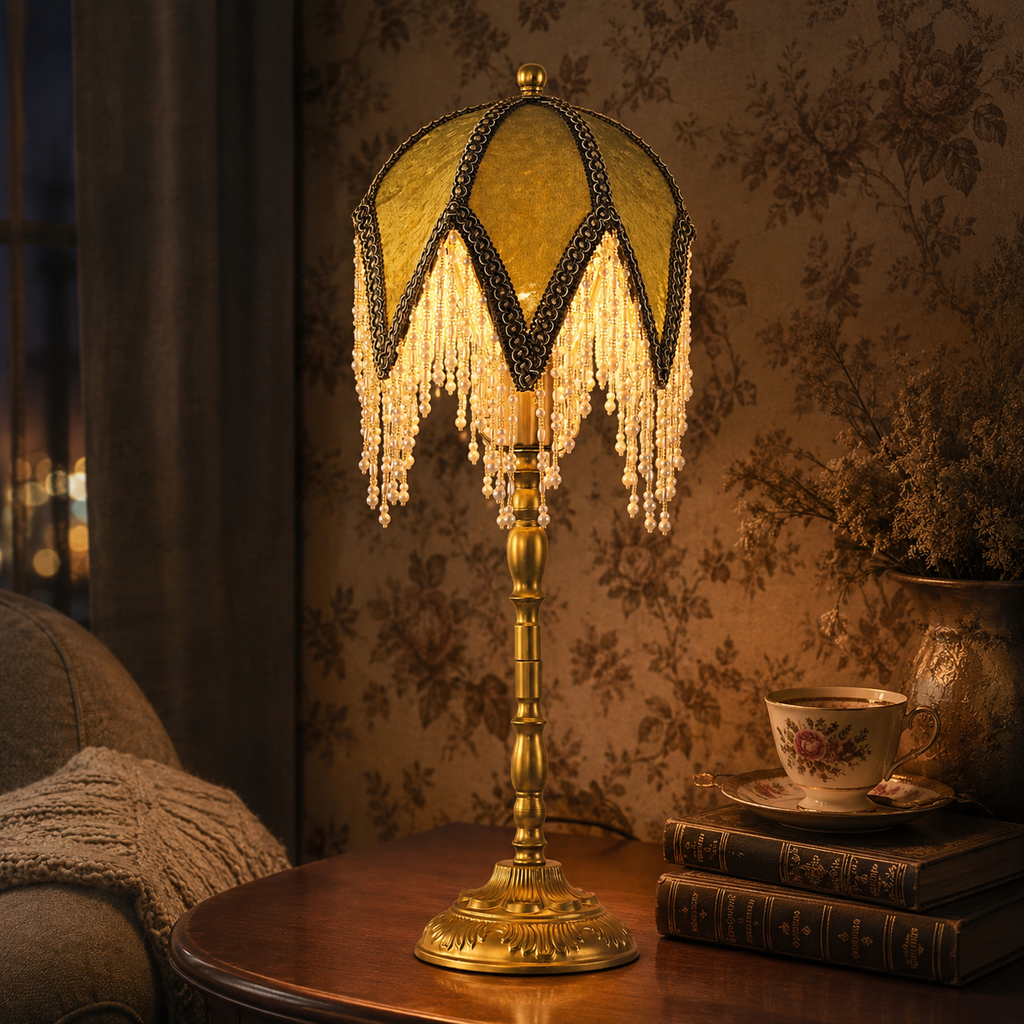 Aurelia Vintage Fringed Table Lamp - Amber Stained Glass