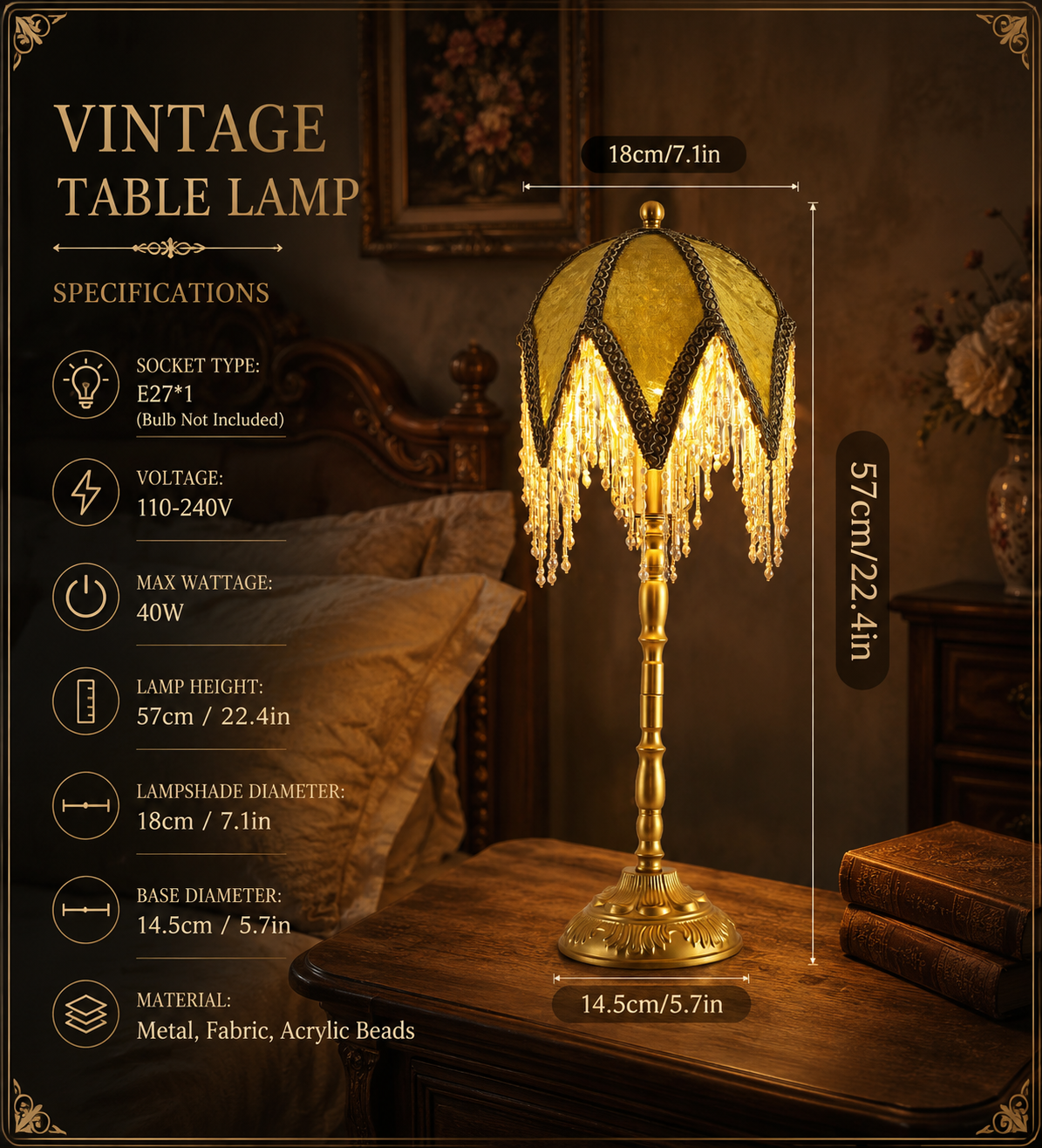 Aurelia Vintage Fringed Table Lamp - Amber Stained Glass