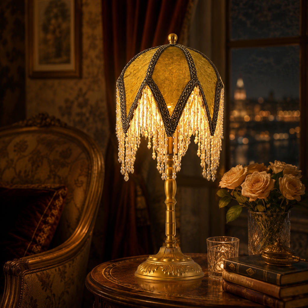 Aurelia Vintage Fringed Table Lamp - Amber Stained Glass