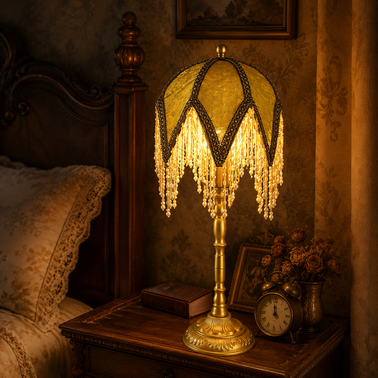 Aurelia Vintage Fringed Table Lamp - Amber Stained Glass