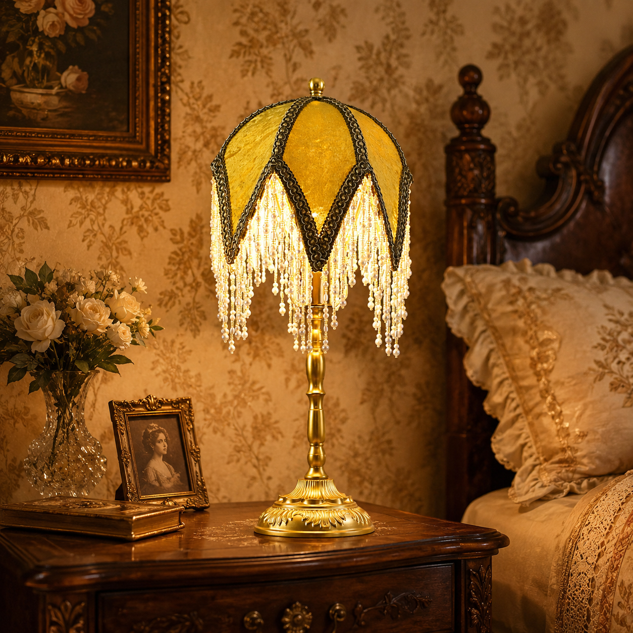 Aurelia Vintage Fringed Table Lamp - Amber Stained Glass