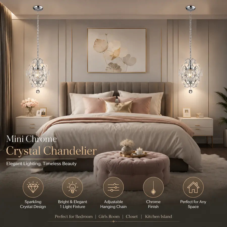 A bedroom scene showing two hanging crystal chandeliers flanking a bed, with overlaid text reading 'Mini Chrome Crystal Chandelier' and feature icons along the bottom. Because a real interior environment is present, this is classified as Lifestyle rather than Product/Packaging, even though the product is clearly featured.