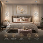 A bedroom scene showing two hanging crystal chandeliers flanking a bed, with overlaid text reading 'Mini Chrome Crystal Chandelier' and feature icons along the bottom. Because a real interior environment is present, this is classified as Lifestyle rather than Product/Packaging, even though the product is clearly featured.