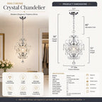 Product information graphic for a mini crystal chandelier. The left side shows the chandelier hanging in a softly lit interior, while the right side provides product dimensions and a detailed spec table.