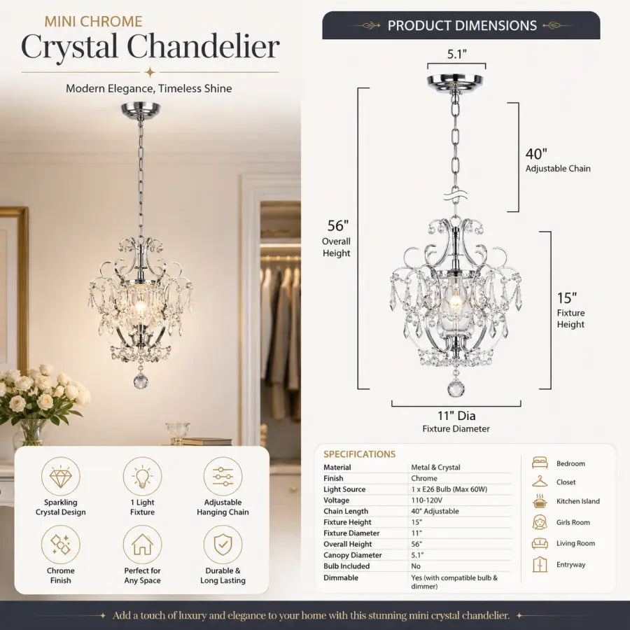 Product information graphic for a mini crystal chandelier. The left side shows the chandelier hanging in a softly lit interior, while the right side provides product dimensions and a detailed spec table.