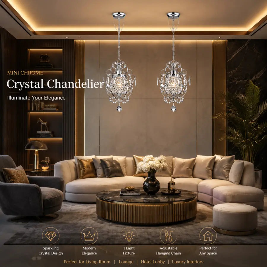 A luxury living room scene featuring two hanging crystal chandeliers suspended over a beige sectional sofa and round coffee table. Text on the left reads 'MINI CHROME Crystal Chandelier Illuminate Your Elegance,' and feature icons appear along the bottom.