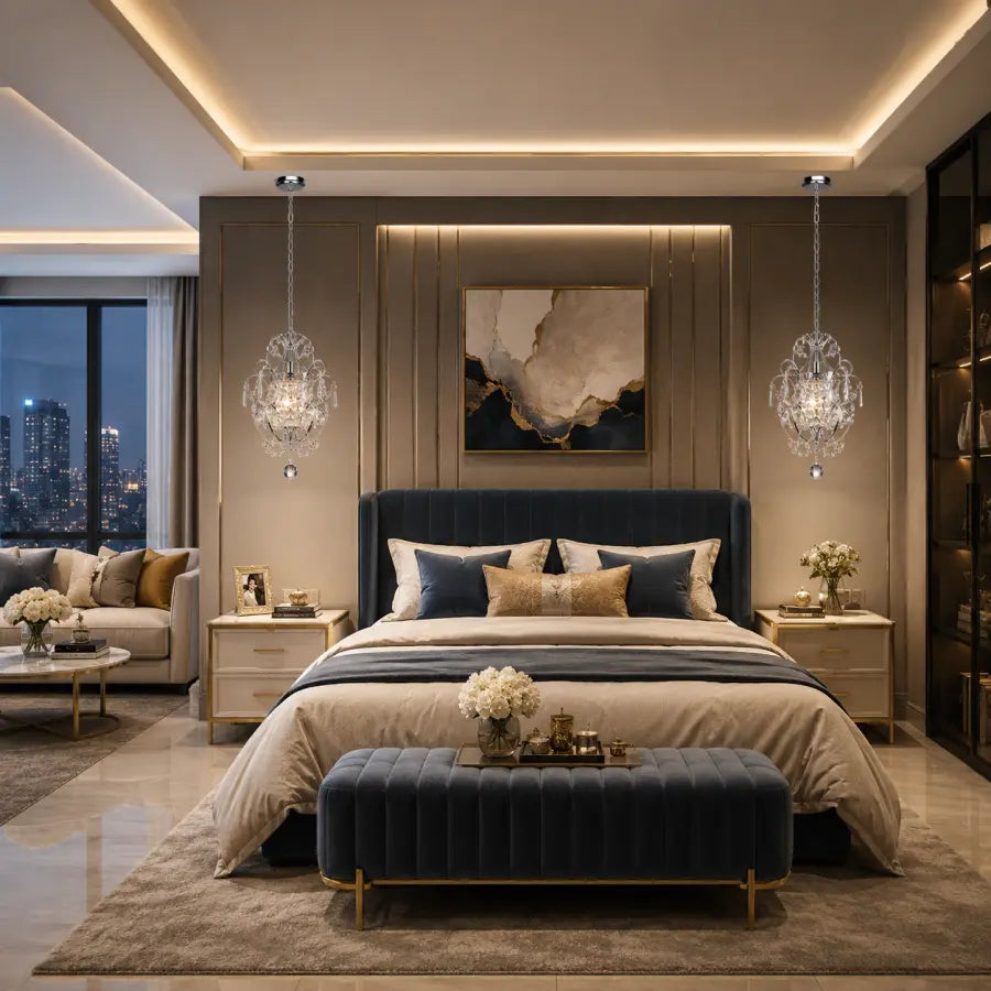 A luxury modern bedroom featuring a dark navy blue tufted bed frame, matching velvet bench, crystal pendant lights, beige and navy bedding, and a large abstract wall art piece above the headboard.