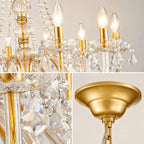 A close-up collage of a gold chandelier light fixture with clear crystal prisms and multiple lit candle-style bulbs, showing details of the frame, hanging crystals, and ceiling mount against a light neutral background.