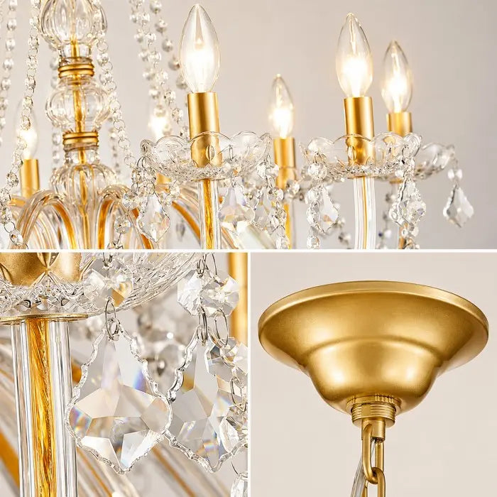 A close-up collage of a gold chandelier light fixture with clear crystal prisms and multiple lit candle-style bulbs, showing details of the frame, hanging crystals, and ceiling mount against a light neutral background.