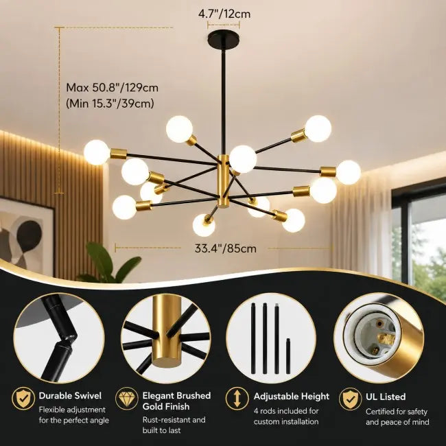 Modern 12-light black and gold Sputnik chandelier with globe glass bulbs, luxury hanging ceiling light fixture for dining room, living room, kitchen island, foyer, and entryway.