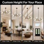 Modern 12-light black and gold Sputnik chandelier with globe glass bulbs, luxury hanging ceiling light fixture for dining room, living room, kitchen island, foyer, and entryway.