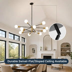 Modern 12-light gold Sputnik chandelier with globe glass bulbs, luxury hanging ceiling light fixture for dining room, living room, kitchen island, foyer, and entryway.