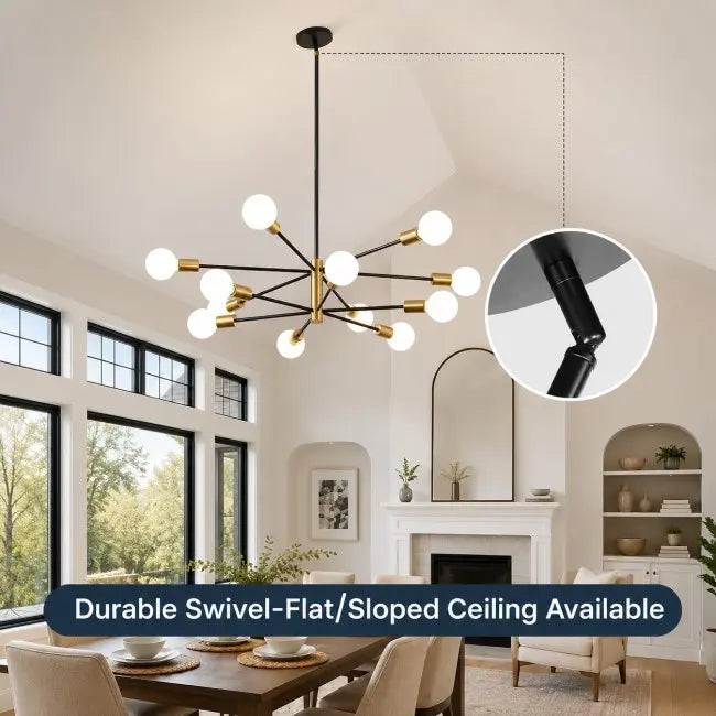 Modern 12-light gold Sputnik chandelier with globe glass bulbs, luxury hanging ceiling light fixture for dining room, living room, kitchen island, foyer, and entryway.