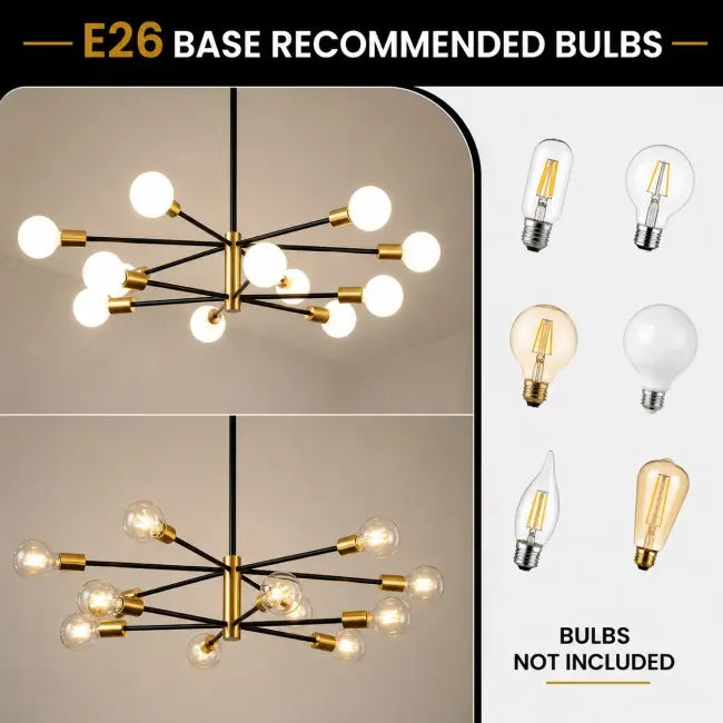 Modern 12-light black and gold Sputnik chandelier with globe glass bulbs, luxury hanging ceiling light fixture for dining room, living room, kitchen island, foyer, and entryway.