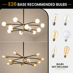 Modern 12-light black and gold Sputnik chandelier with globe glass bulbs, luxury hanging ceiling light fixture for dining room, living room, kitchen island, foyer, and entryway.