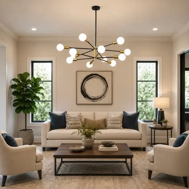Modern 12-light black and gold Sputnik chandelier with globe glass bulbs, luxury hanging ceiling light fixture for dining room, living room, kitchen island, foyer, and entryway.