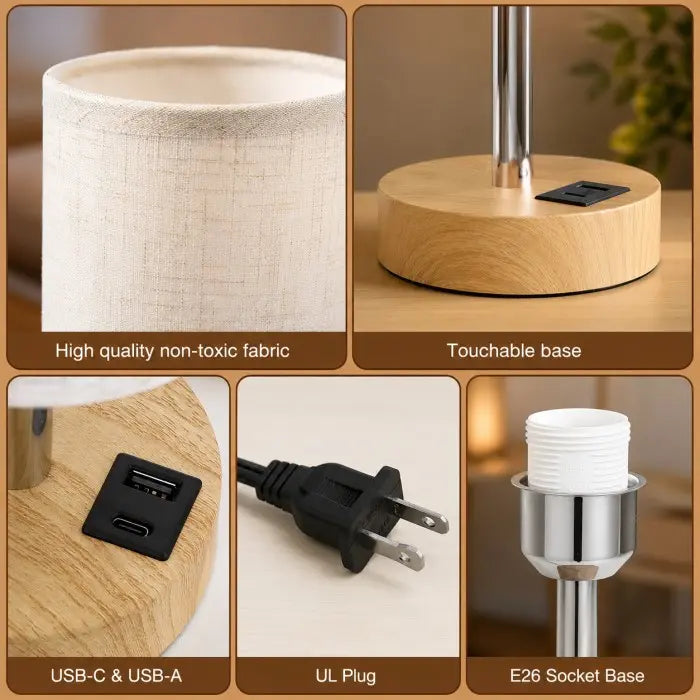 Modern bedside table lamp with USB charging port, 3-way dimmable touch control, linen fabric shade, and wooden base on a bedroom nightstand with warm ambient lighting.