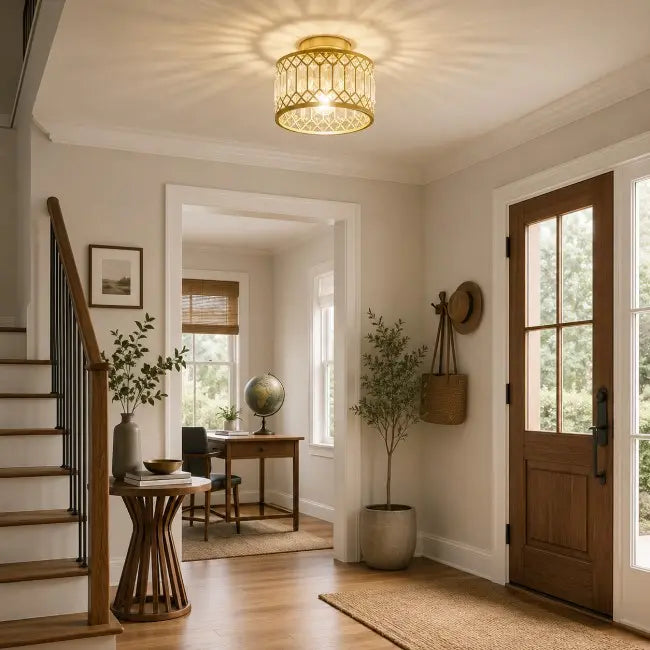 Modern gold crystal semi flush mount ceiling light with elegant crystal shade, luxury ceiling fixture for bedroom, hallway, kitchen, entryway, and living room.