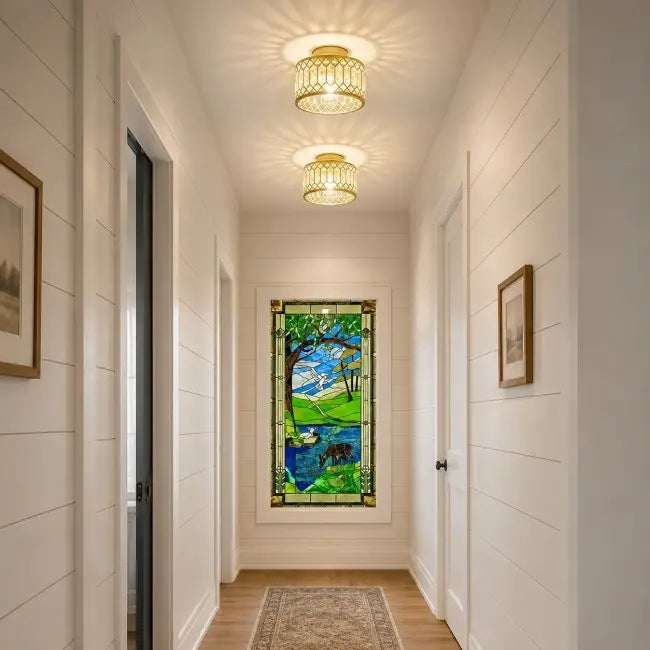 Modern gold crystal semi flush mount ceiling light with elegant crystal shade, luxury ceiling fixture for bedroom, hallway, kitchen, entryway, and living room.