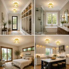 Modern gold crystal semi flush mount ceiling light with elegant crystal shade, luxury ceiling fixture for bedroom, hallway, kitchen, entryway, and living room.