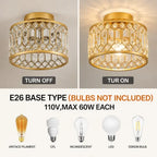 Modern gold crystal semi flush mount ceiling light with elegant crystal shade, luxury ceiling fixture for bedroom, hallway, kitchen, entryway, and living room.