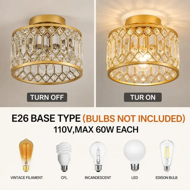 Modern gold crystal semi flush mount ceiling light with elegant crystal shade, luxury ceiling fixture for bedroom, hallway, kitchen, entryway, and living room.