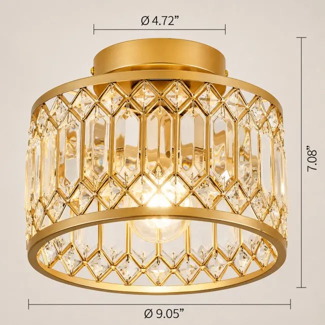 Modern gold crystal semi flush mount ceiling light with elegant crystal shade, luxury ceiling fixture for bedroom, hallway, kitchen, entryway, and living room.