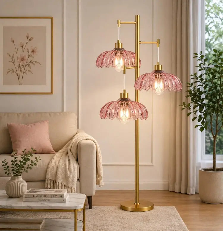 Modern gold 3-light floor lamp with pink glass flower shades, elegant standing lamp for living room, bedroom and modern home décor