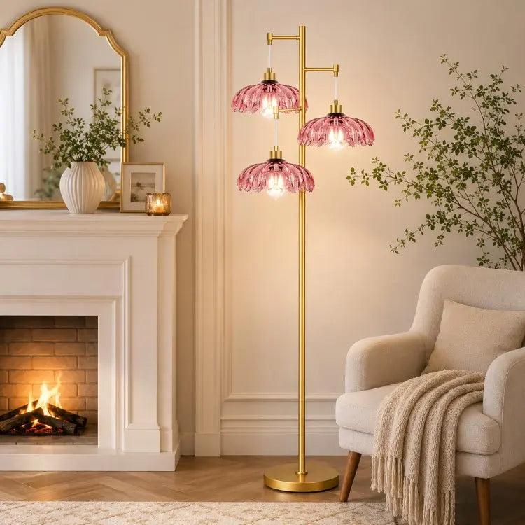 Modern gold 3-light floor lamp with pink glass flower shades, elegant standing lamp for living room, bedroom and modern home décor