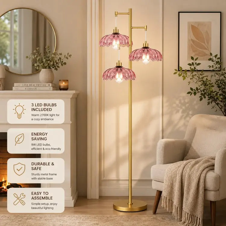 Modern gold 3-light floor lamp with pink glass flower shades, elegant standing lamp for living room, bedroom and modern home décor