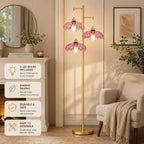 Modern gold 3-light floor lamp with pink glass flower shades, elegant standing lamp for living room, bedroom and modern home décor