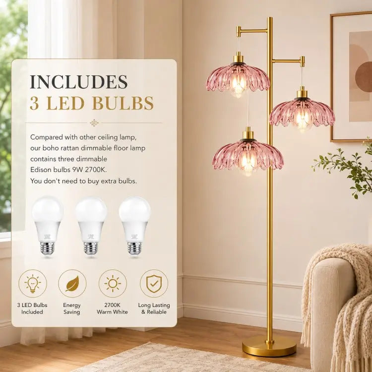 Modern gold 3-light floor lamp with pink glass flower shades, elegant standing lamp for living room, bedroom and modern home décor