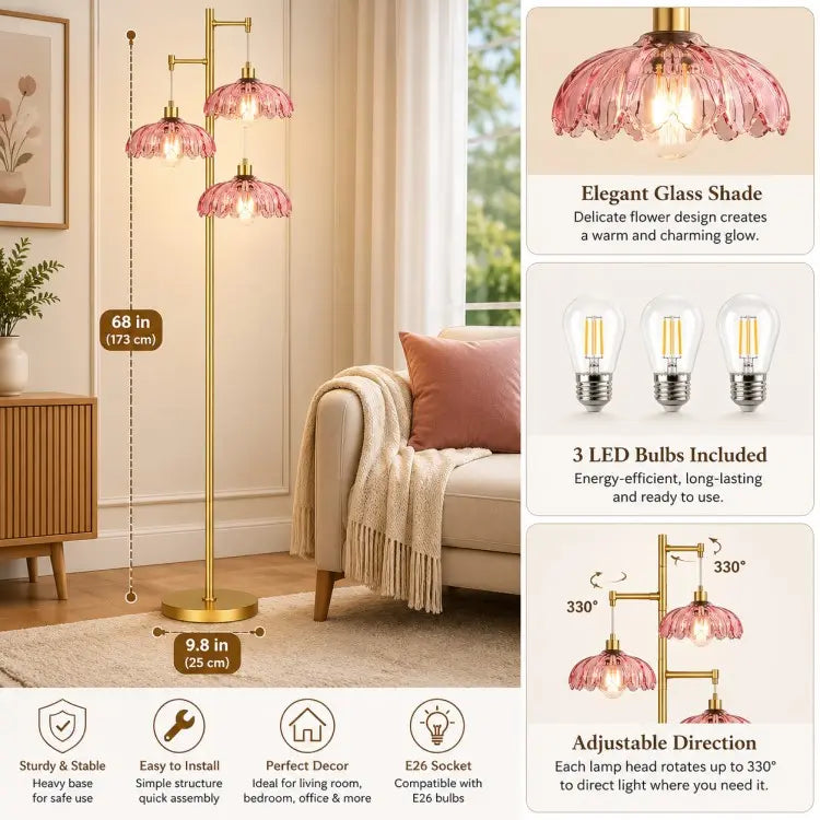 Modern gold 3-light floor lamp with pink glass flower shades, elegant standing lamp for living room, bedroom and modern home décor