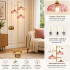 Modern gold 3-light floor lamp with pink glass flower shades, elegant standing lamp for living room, bedroom and modern home décor