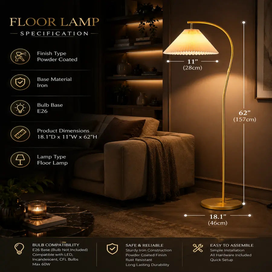 A floor lamp specification infographic showing a gold-colored curved floor lamp with a beige shade in a living room setting. The image includes dimension lines indicating 11 inches (28cm) for the shade diameter, 62 inches (157cm) for the total height, and 18.