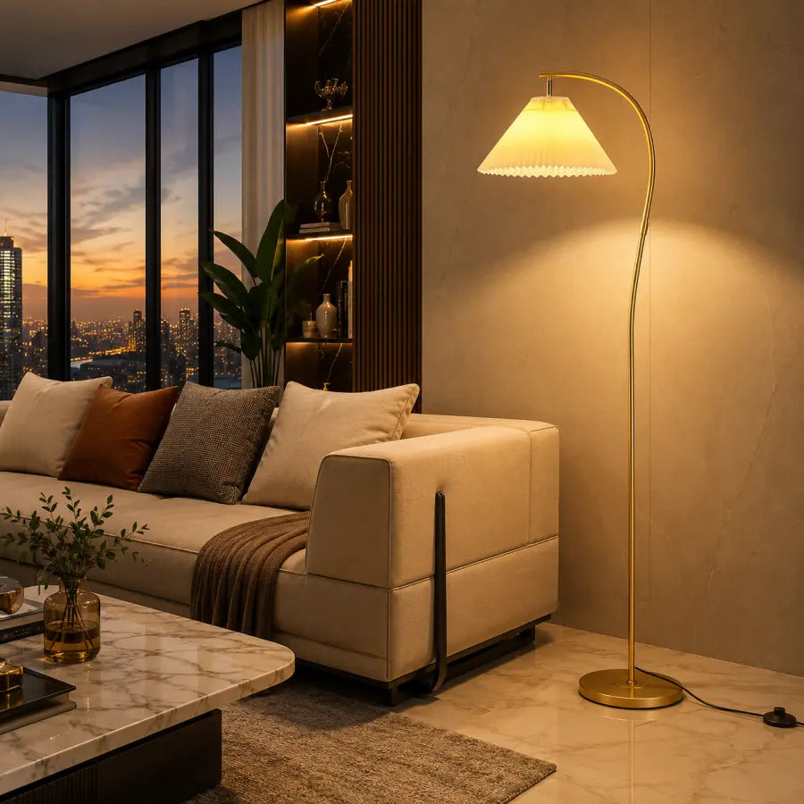 Modern Gold Arc Floor Lamp  3-Color Dimmable Pleated Standing Lamp with 12W LED Bulb for Living Room, Bedroom, Reading Nook & Office