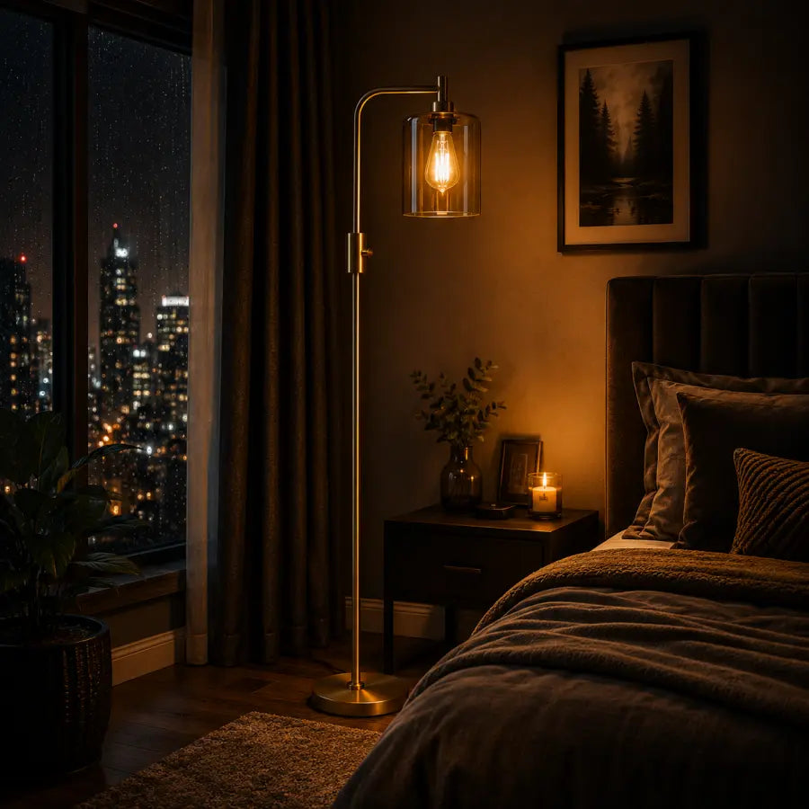 A modern floor lamp with a brass-finished pole and clear glass cylinder shade stands beside a bed in a dimly lit bedroom. The warm glowing Edison-style bulb illuminates the dark wall, curtains, window view of a city skyline at night, and bedding.
