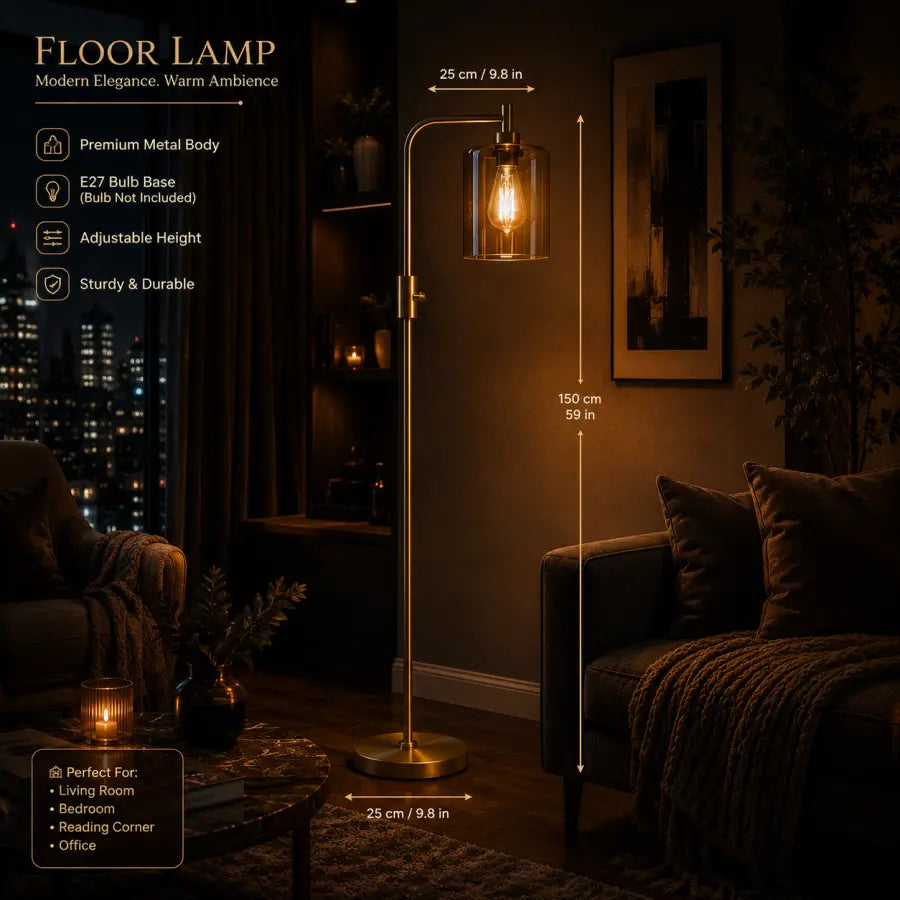 A floor lamp with a warm glowing Edison bulb in a dark room setting, showing dimension lines indicating 150 cm height and 25 cm base width. The image includes text overlays detailing the lamp's features and dimensions.