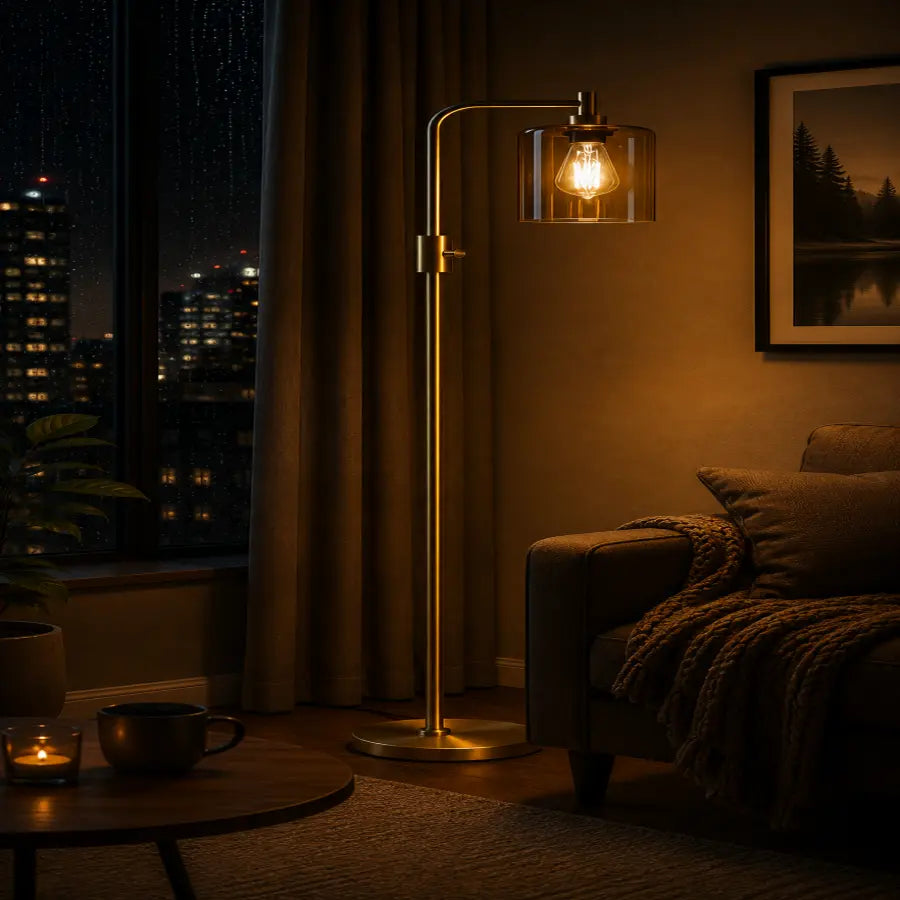 Modern Gold Arc Floor Lamp with Clear Glass Shade | Dimmable 900LM LED Standing Lamp for Living Room, Bedroom, Reading Nook, Office & Corner – LED Bulb Included