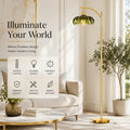 A modern floor lamp with a gold-finished stand and a green translucent bell-shaped shade stands in a bright living room next to a sofa and potted plant. Text on the left reads 'Illuminate Your World' with feature icons for remote control, E20 base socket, dimmable light, premium quality, easy to assemble, and energy efficient.
