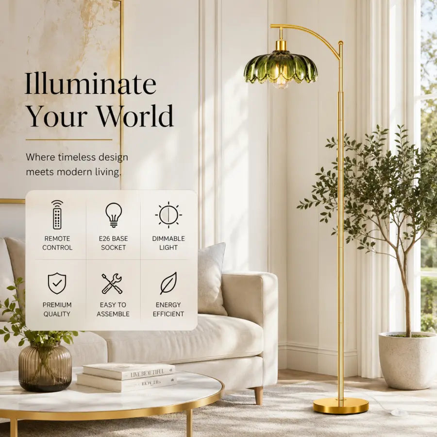 A modern floor lamp with a gold-finished stand and a green translucent bell-shaped shade stands in a bright living room next to a sofa and potted plant. Text on the left reads 'Illuminate Your World' with feature icons for remote control, E20 base socket, dimmable light, premium quality, easy to assemble, and energy efficient.