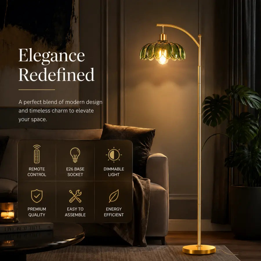 A modern gold floor lamp with a green glass shade stands beside a sofa in a dimly lit living room. Text on the left reads 'Elegance Redefined' with feature icons for remote control, E12 base socket, dimmable light, premium quality, easy to assemble, and energy efficient.