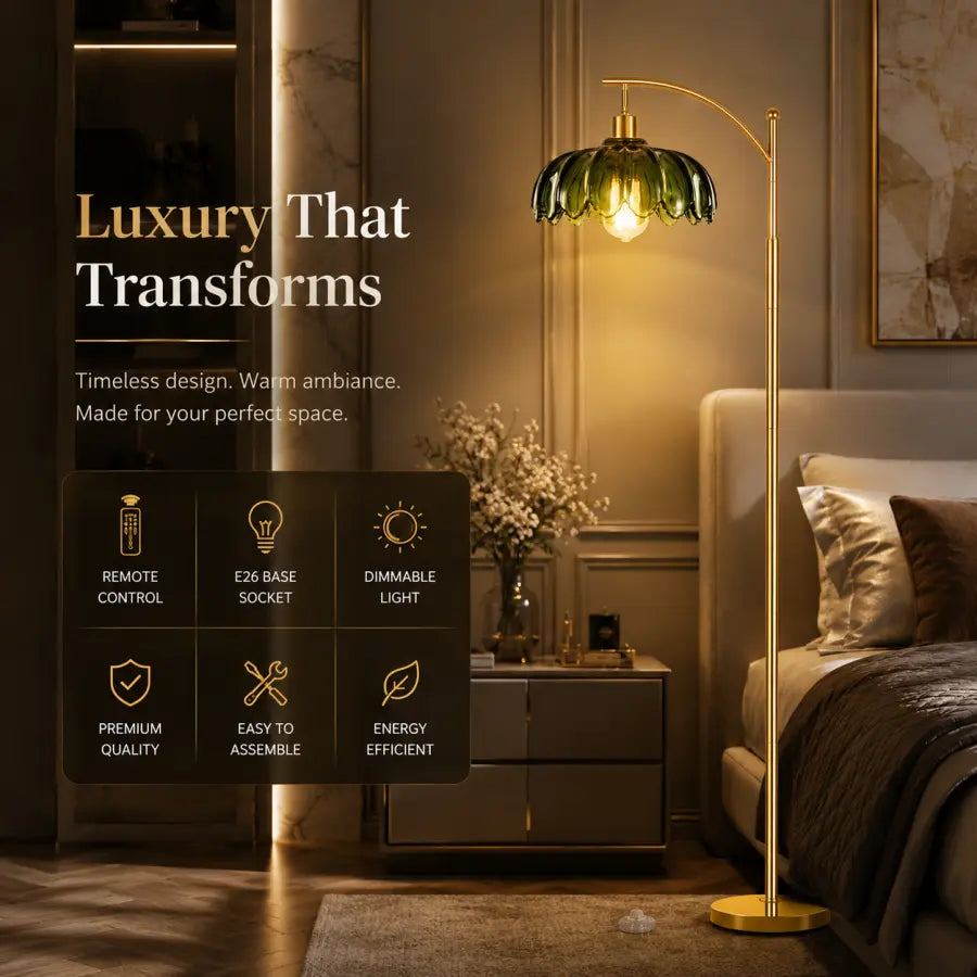 Luxury floor lamp in a styled bedroom setting, featuring a gold-finished metal frame and a green glass shade with a warm glowing bulb. The image includes promotional text and feature icons highlighting remote control, E26 base socket, dimmable light, premium quality, easy assembly, and energy efficiency.