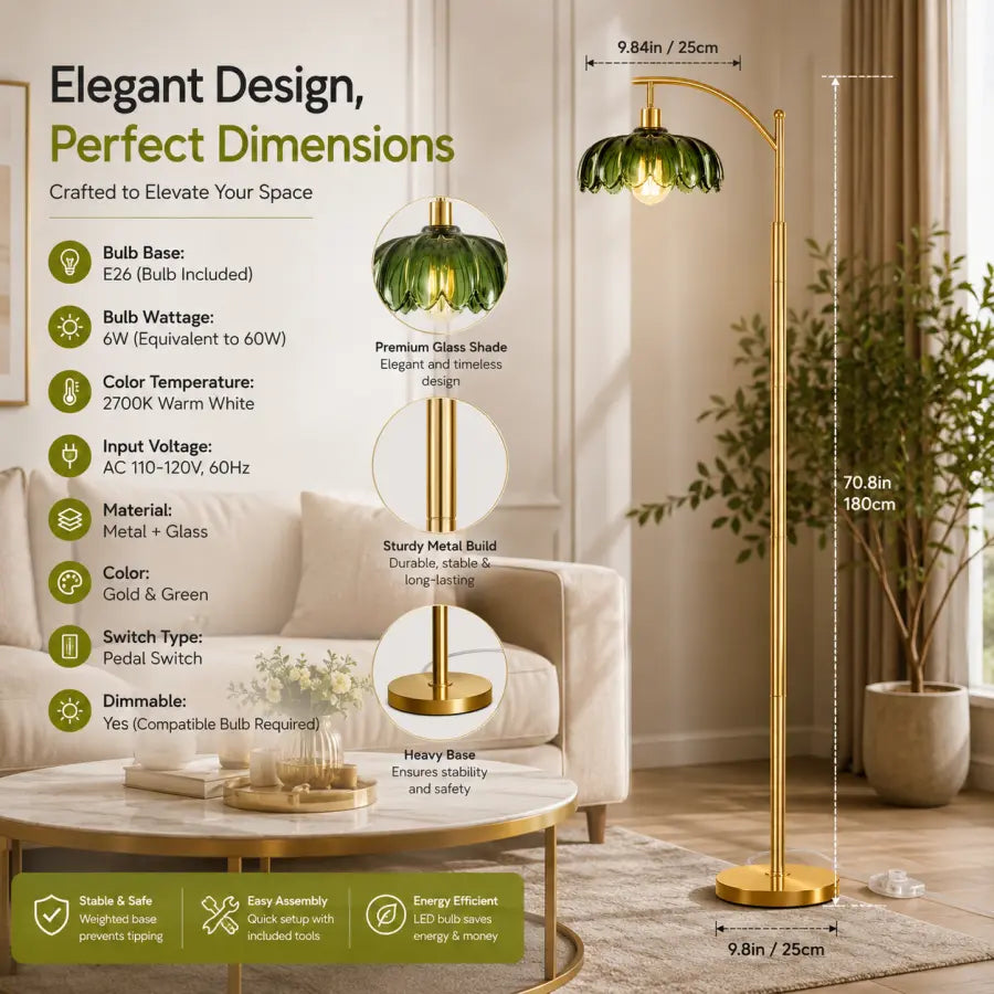 A tall floor lamp with a gold metal frame, green glass shade, and round gold base, shown in a furnished living room. The image includes dimension callouts (9.