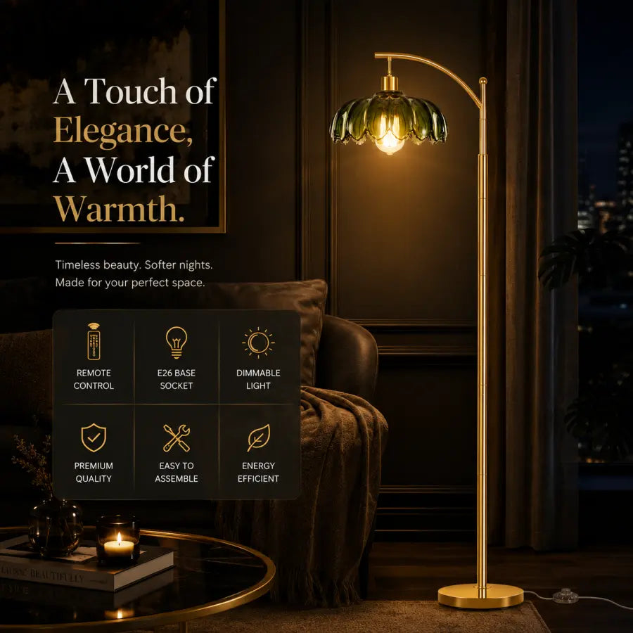 A tall floor lamp with a gold-toned metal frame and a green glass shade glowing with warm light, shown in a dimly lit living room beside a sofa. Text on the left highlights features like remote control, dimmable light, and energy efficiency.
