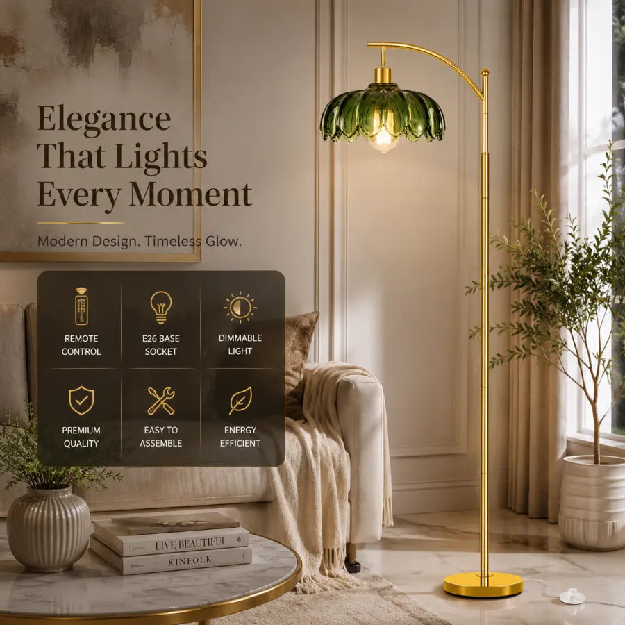 A modern floor lamp with a gold metal frame and a green glass shade stands in a styled living room next to a sofa and window. Text on the left highlights remote control, Edison base socket, dimmable light, premium quality, easy to assemble, and energy efficient features.